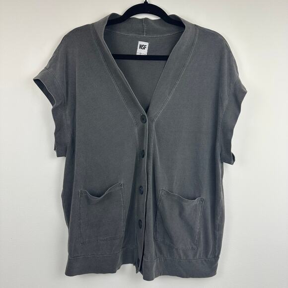 NSF Womens 100% Cotton Button-Up Oversized Grey Wash Sleeveless Shirt Medium - Picture 1 of 11